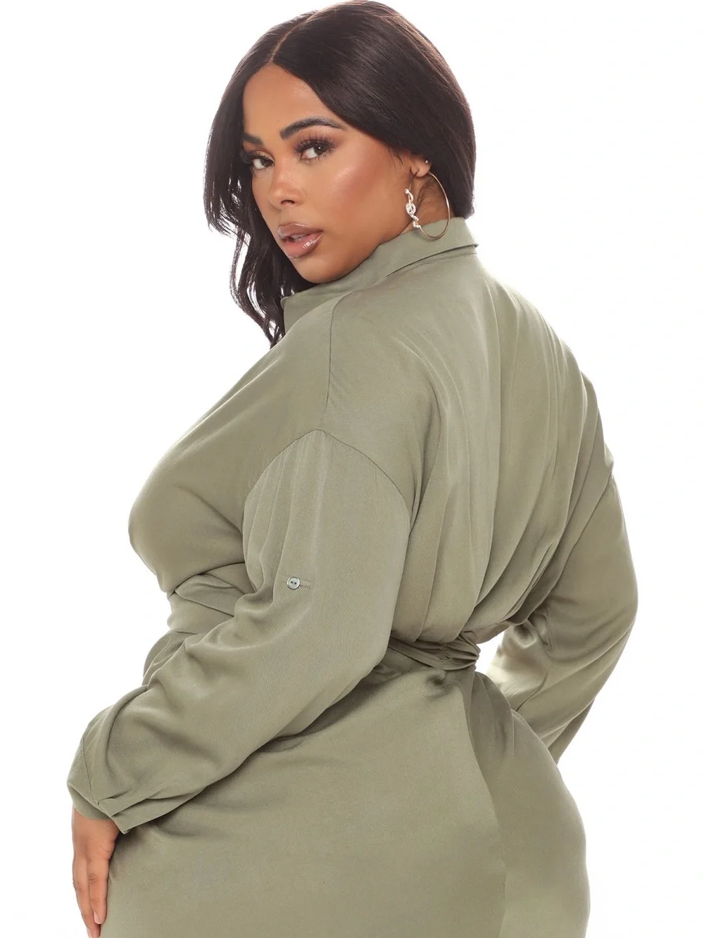 Fashion Nova Olive Green Midi Shirt Dress with Tie Waist